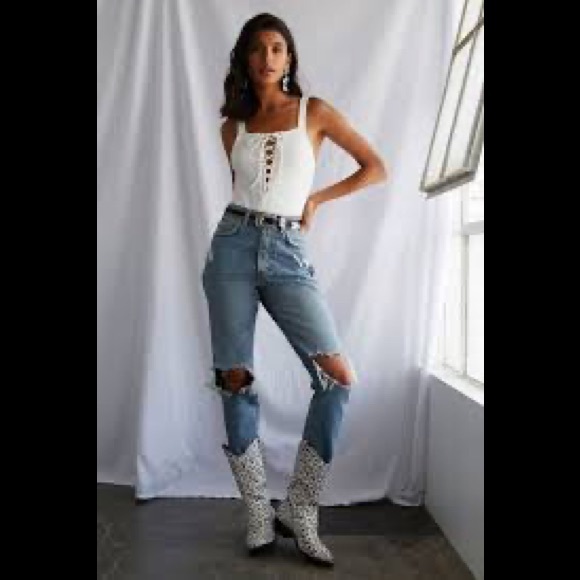 Ivory knit tie up ribbed lace bodysuit sz S - Picture 3 of 8